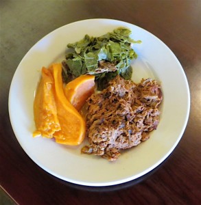 beef barbecue, collards and yams