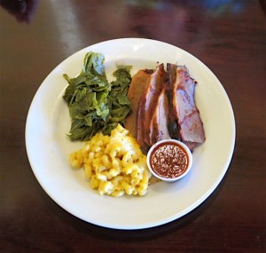 beef brisket, collards, mac and cheese