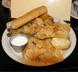 Pot roast cheese sandwich with homemade chips