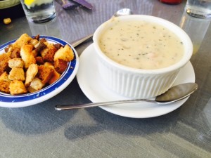 Saratoga Grill's clam chowder with garlic-seasoned croutons