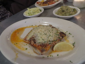 Grilled mahi mahi topped with crabmeat and cheese.