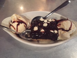 A "Brookie" -- combination chocolate chip cookie and brownie with vanilla ice cream, chocolate chips, and chocolate syrup at Bluegill Restaurant on the Mobile Causeway in Spanish Fort, AL.