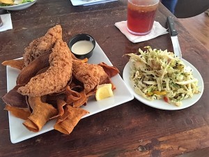 Fried Gulf Fish with sweet potato chips and grilled slaw.