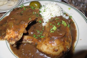 Chicken espagnole with rice.