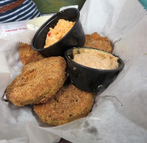 Fried Green Tomatoes with a side of pimiento cheese and seasoned mayo. 