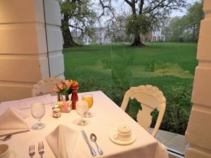 Mansion Restaurant table looking out on the grounds.