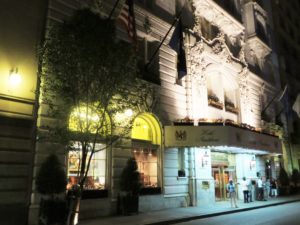 Hotel Monteleone lit up at night.