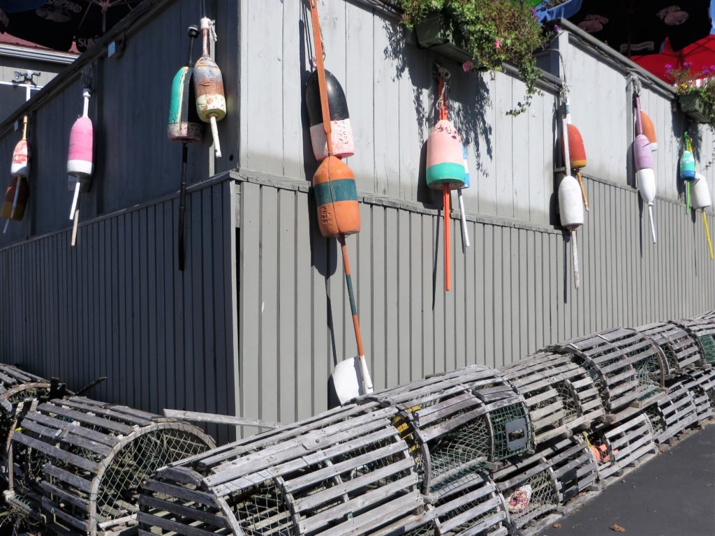 Lobster buoys and traps in Boothbay Harbor.