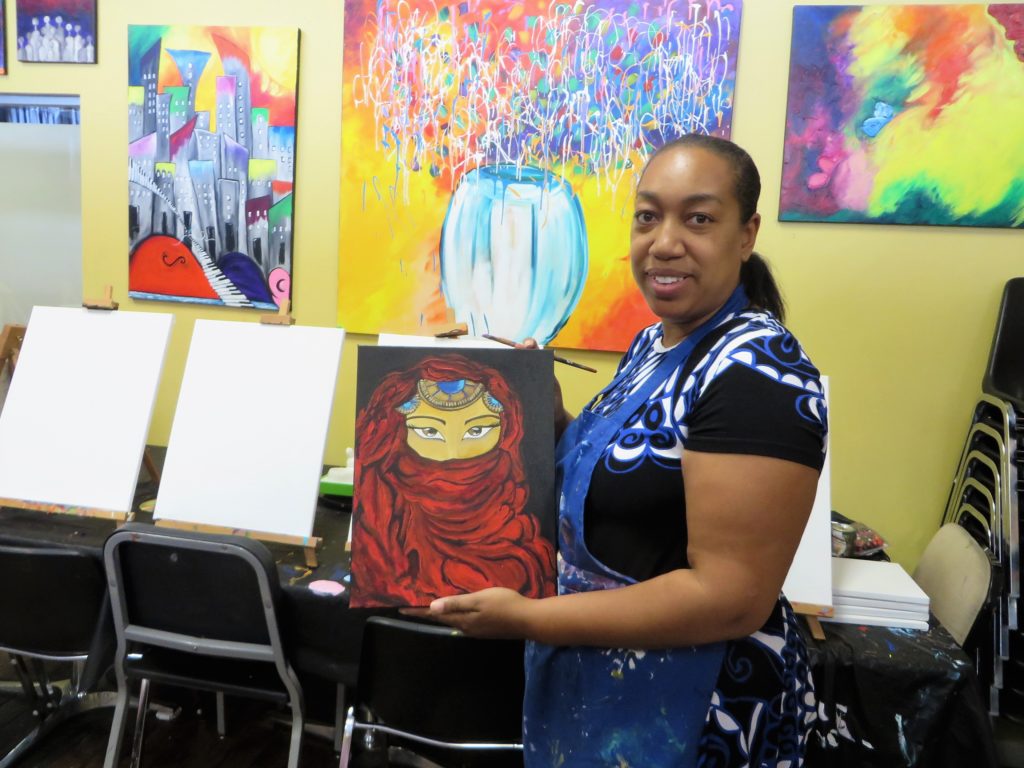 Artist Denise Onwere at work in her studio. 